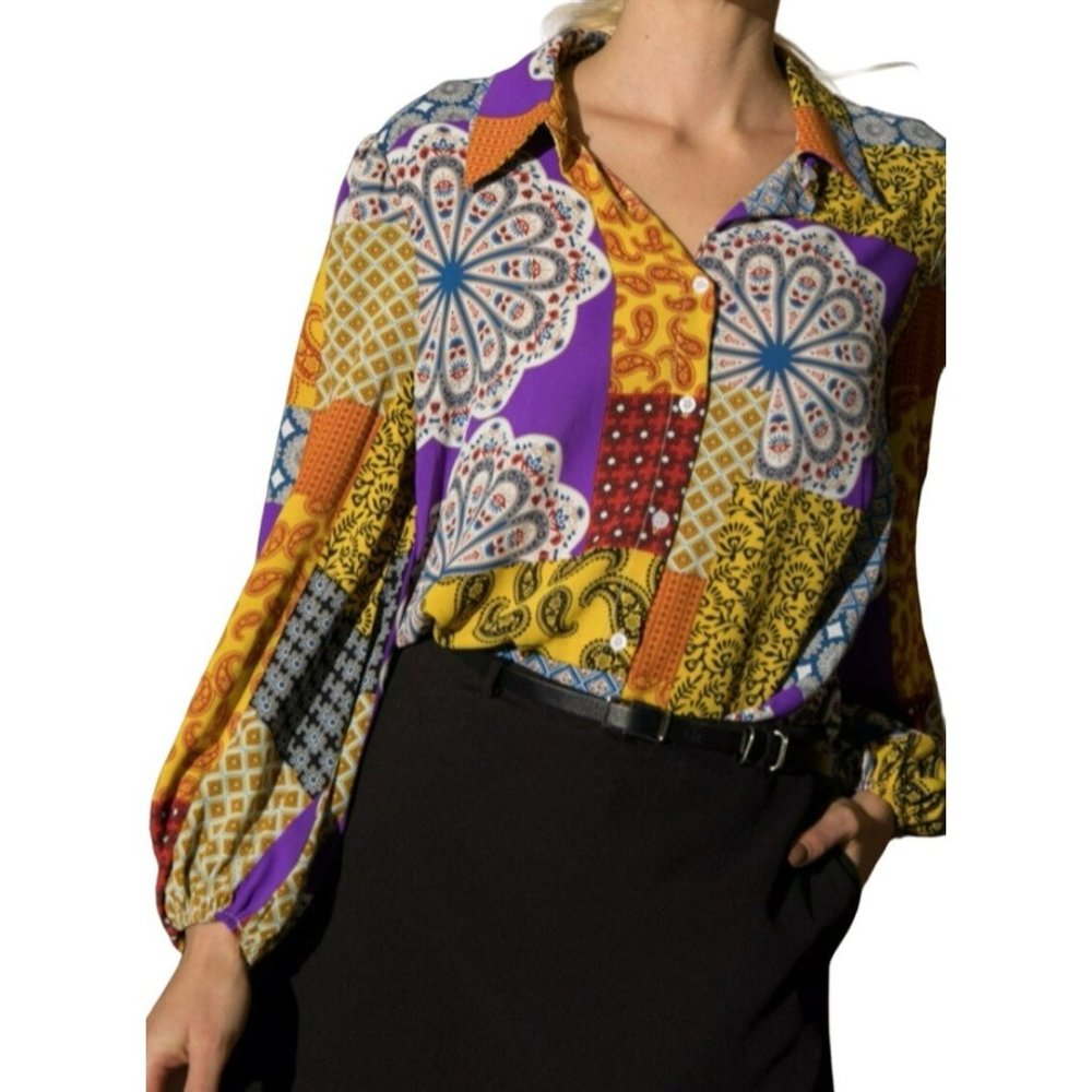 Lena Patchwork Multicolor Button Up Blouse Mustard Purple Size Medium NWT